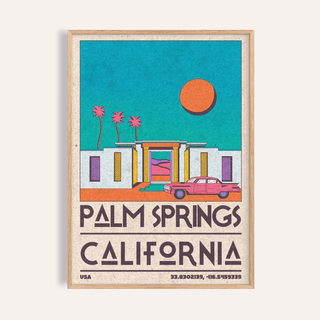 Bold Palm Springs Art Print travel poster with mid-century house, sun, and palm trees