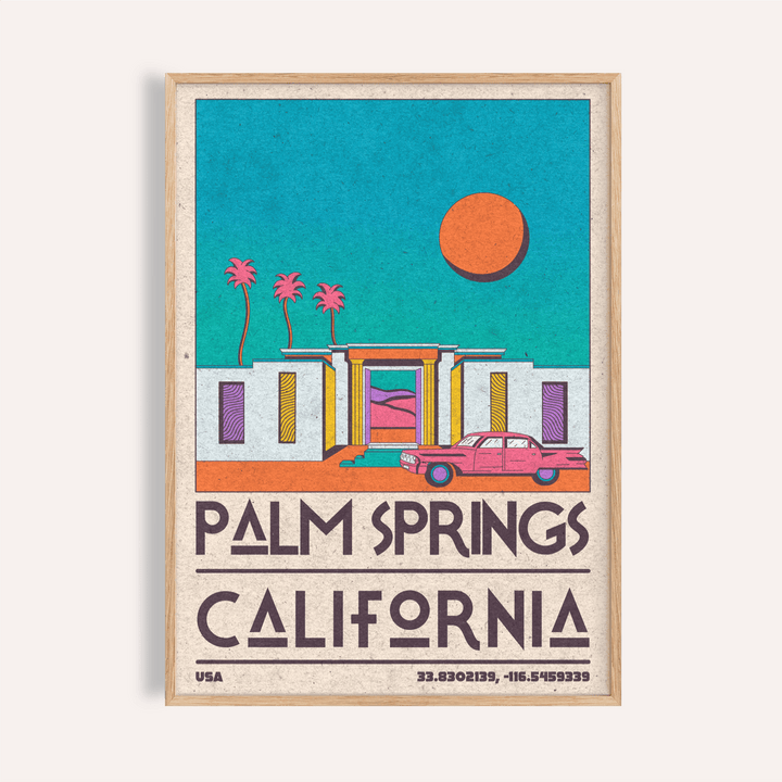Bold Palm Springs Art Print travel poster with mid-century house, sun, and palm trees