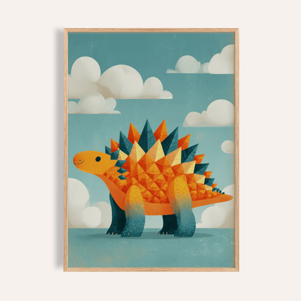 Cute Dinosaur Art Print in Orange and Blue for nursery wall art