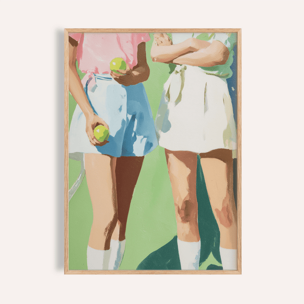 Tennis Girls Art Print with two cropped players holding vibrant tennis balls on neutral backdrop
