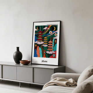 Crescent moon sky with patterned clouds and temple pagodas poster print
