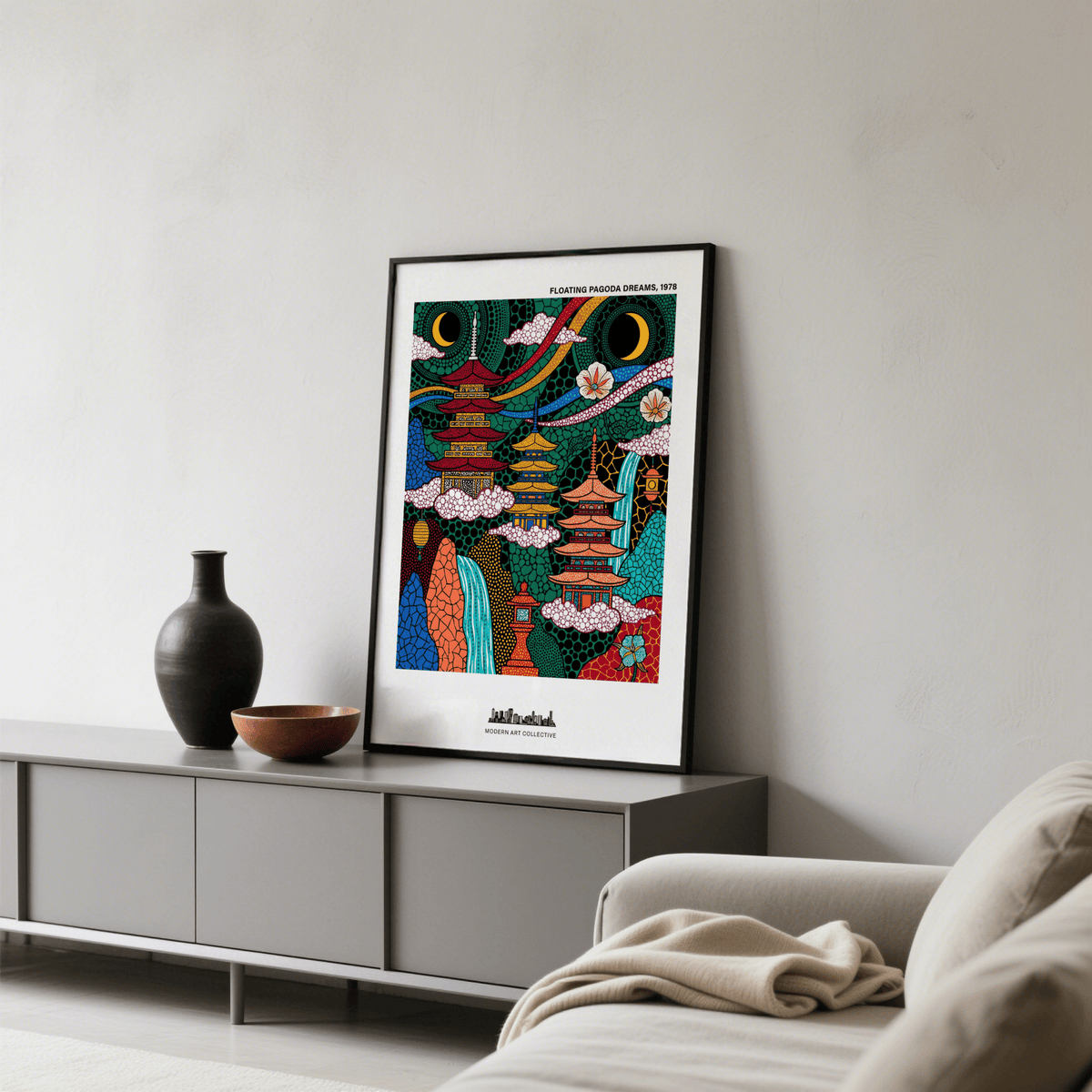 Crescent moon sky with patterned clouds and temple pagodas poster print