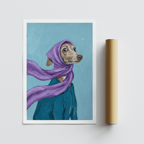 Dressed up Dog Art wall art in gray, purple, blue for modern bedroom