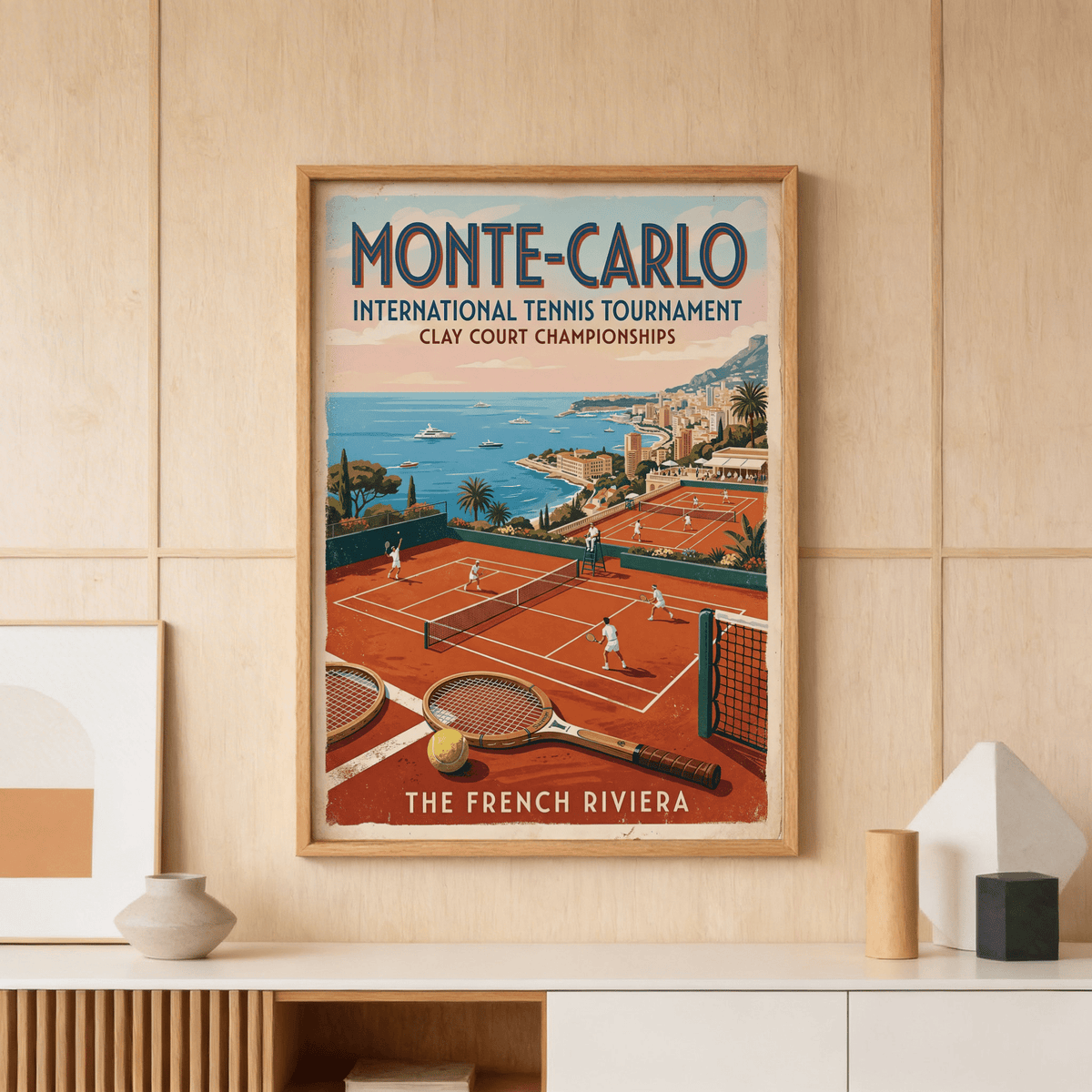 Monte Carlo Tennis Print vintage poster look with yachts in marina