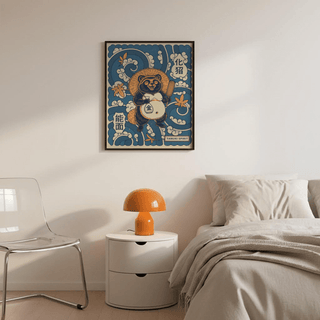 Centered tanuki wall art poster with cloud swirls and a “TANUKI SPIRIT” label at the bottom