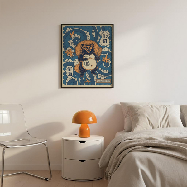 Centered tanuki wall art poster with cloud swirls and a “TANUKI SPIRIT” label at the bottom