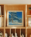 Wide composition poster of wind-swept pines over a snow-covered slope
