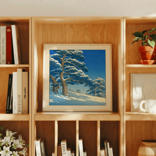 Wide composition poster of wind-swept pines over a snow-covered slope
