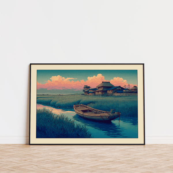 Hasui Kawase river boat scene with reflective water and village roofs