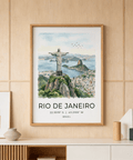Illustrated city poster showing Cristo Redentor on a mountain above Rio coastline