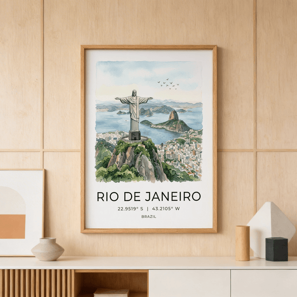 Illustrated city poster showing Cristo Redentor on a mountain above Rio coastline