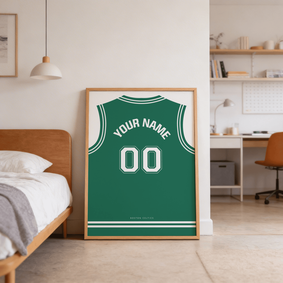 Centered sports poster featuring jersey collar stripes, armhole trim, and bold outlined numerals