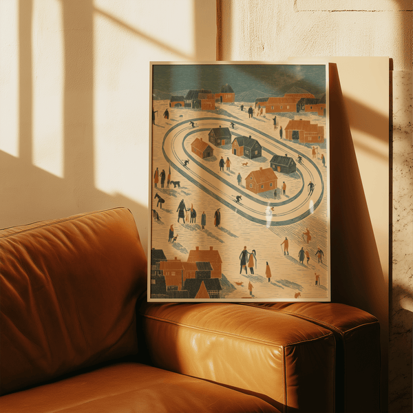 Winter Village Art Print featuring Blue, Orange, Beige tones for dining room