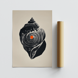 Abstracted conch shell poster print with concentric circles and high-contrast silhouette