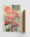 Abstract Flower Print wall art featuring pink flowers and green leaves for office
