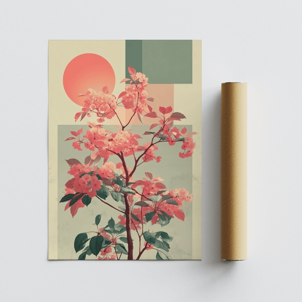 Abstract Flower Print wall art featuring pink flowers and green leaves for office