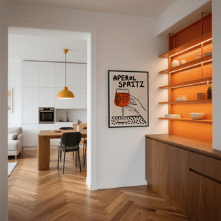Aperol Spritz Print with orange and black details for home bar wall art