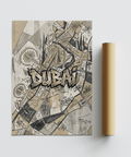 Modern Dubai Street Art wall art combining map labels with graffiti tag typography