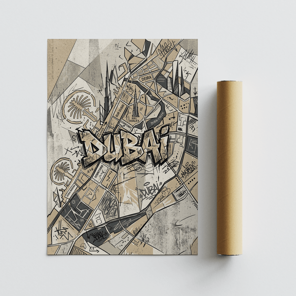 Modern Dubai Street Art wall art combining map labels with graffiti tag typography