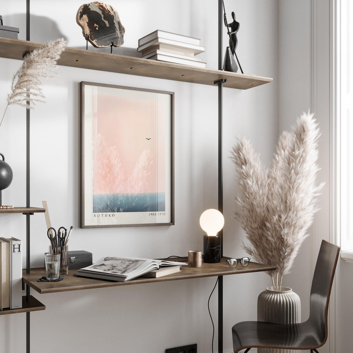 Pink and blue wall art showing sky gradients and tranquil water.