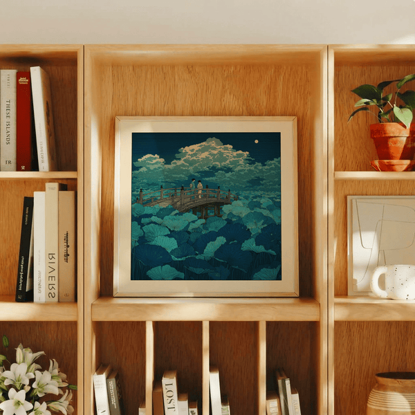 Close view of lotus leaves pattern wall art beneath arched bridge