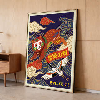 Central tanuki figure framed by rhythmic wave pattern and cloud motifs