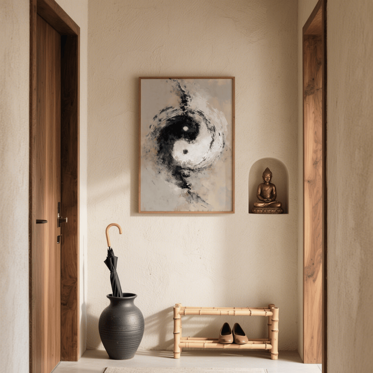 Abstract Yin Yang Art in Beige and Black for minimalist entryway display