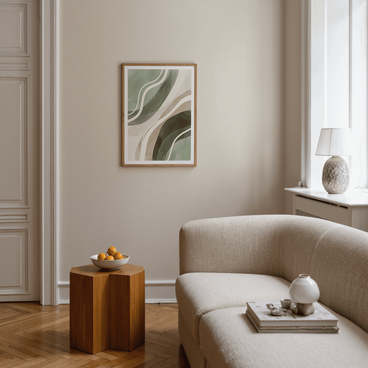 Green Abstract Print for bedroom in green beige white wall art