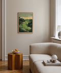 Featuring a vintage golf course poster print with sand bunkers and pine trees