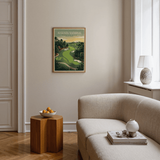Featuring a vintage golf course poster print with sand bunkers and pine trees