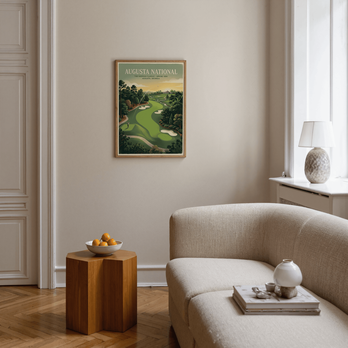 Featuring a vintage golf course poster print with sand bunkers and pine trees