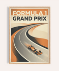 Front view of Grand Prix Art Print poster with Formula 1 text and curving racetrack graphic