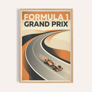 Front view of Grand Prix Art Print poster showing a stylized orange single-seater on a curved track