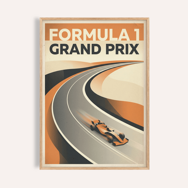 Front view of Grand Prix Art Print poster with Formula 1 text and curving racetrack graphic