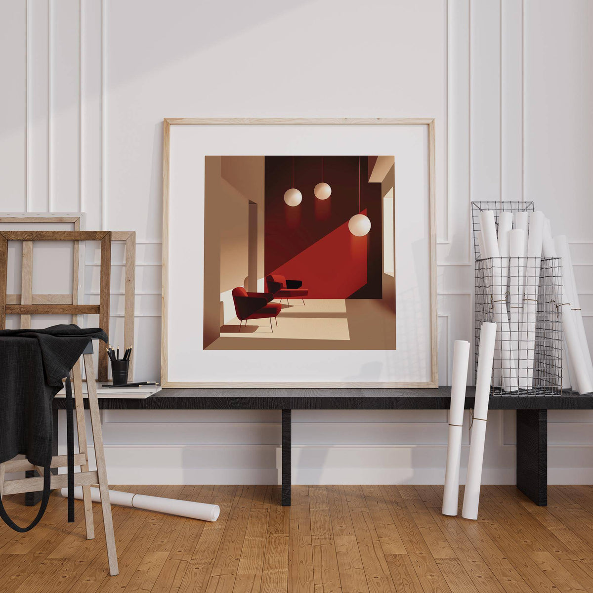 Bold red-toned art for office walls with modern structure