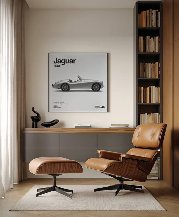 Jaguar XK120 Art Print as sophisticated wall art in Gray and Black for lounge