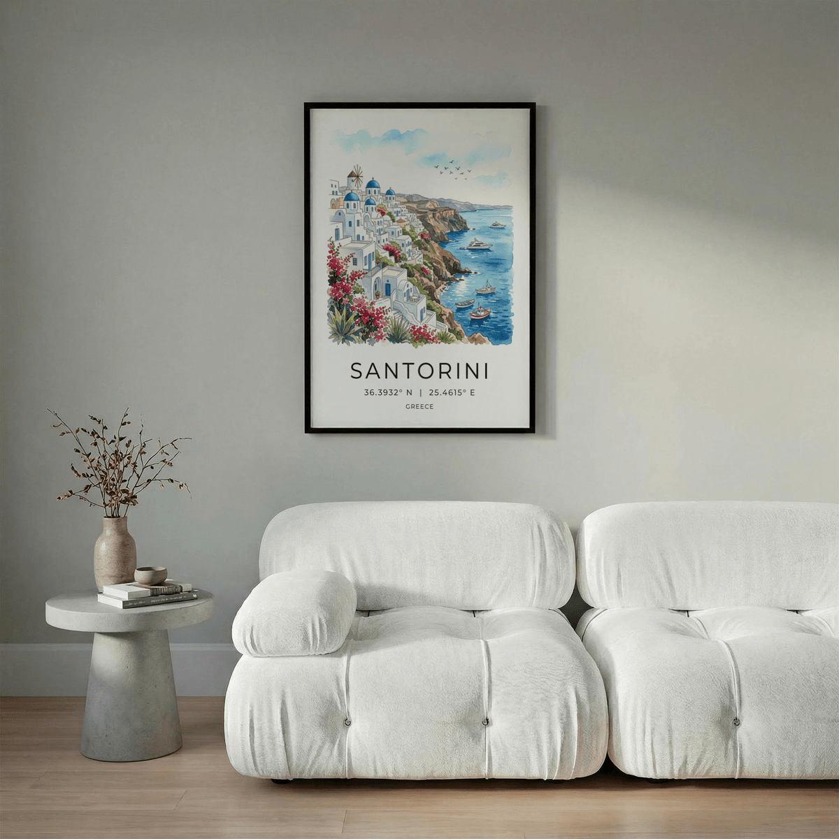 Santorini Art Print travel poster with bold SANTORINI title and map coordinates