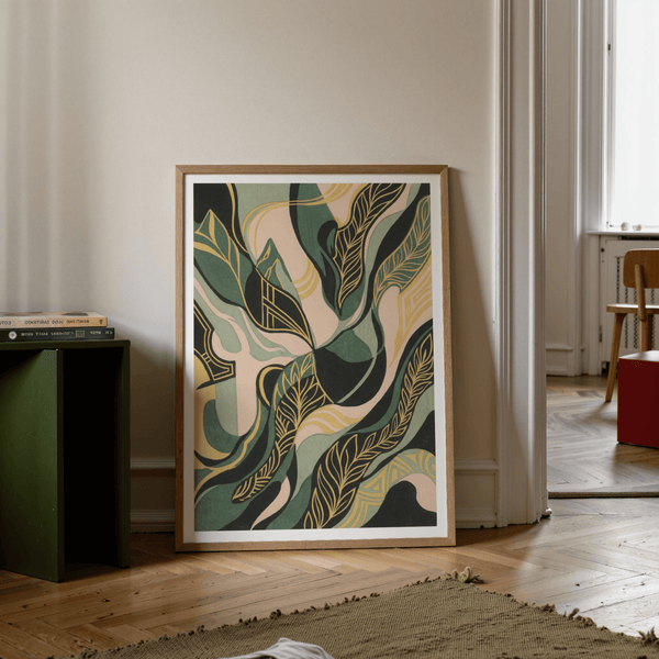 Contemporary Abstract Leaf Art Print with black and yellow for hallway