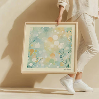 Japandi-inspired sitting room wall art featuring pastel circles and calm shapes
