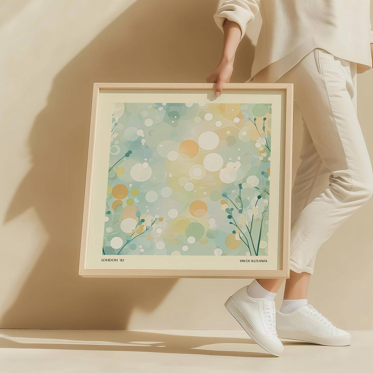 Japandi-inspired sitting room wall art featuring pastel circles and calm shapes