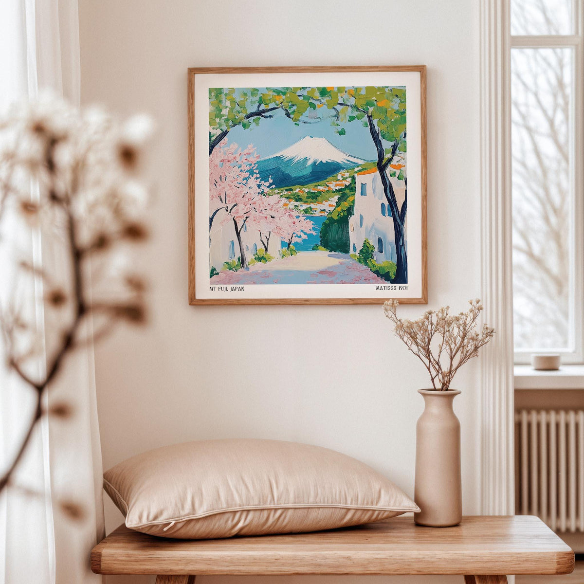 Mt. Fuji in spring framed by pink sakura trees in painterly Japan Poster.