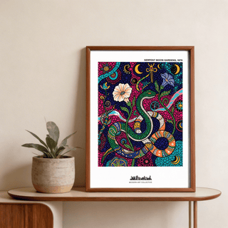 Colorful Snake Wall Art poster showing a central serpent with flowers and crescent moons