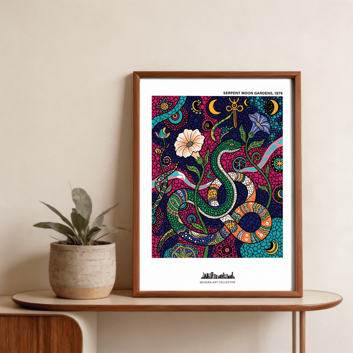 Colorful Snake Wall Art poster showing a central serpent with flowers and crescent moons