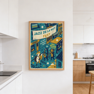 Wide view Paris Jazz Poster print featuring retro parade, instruments, and night street setting