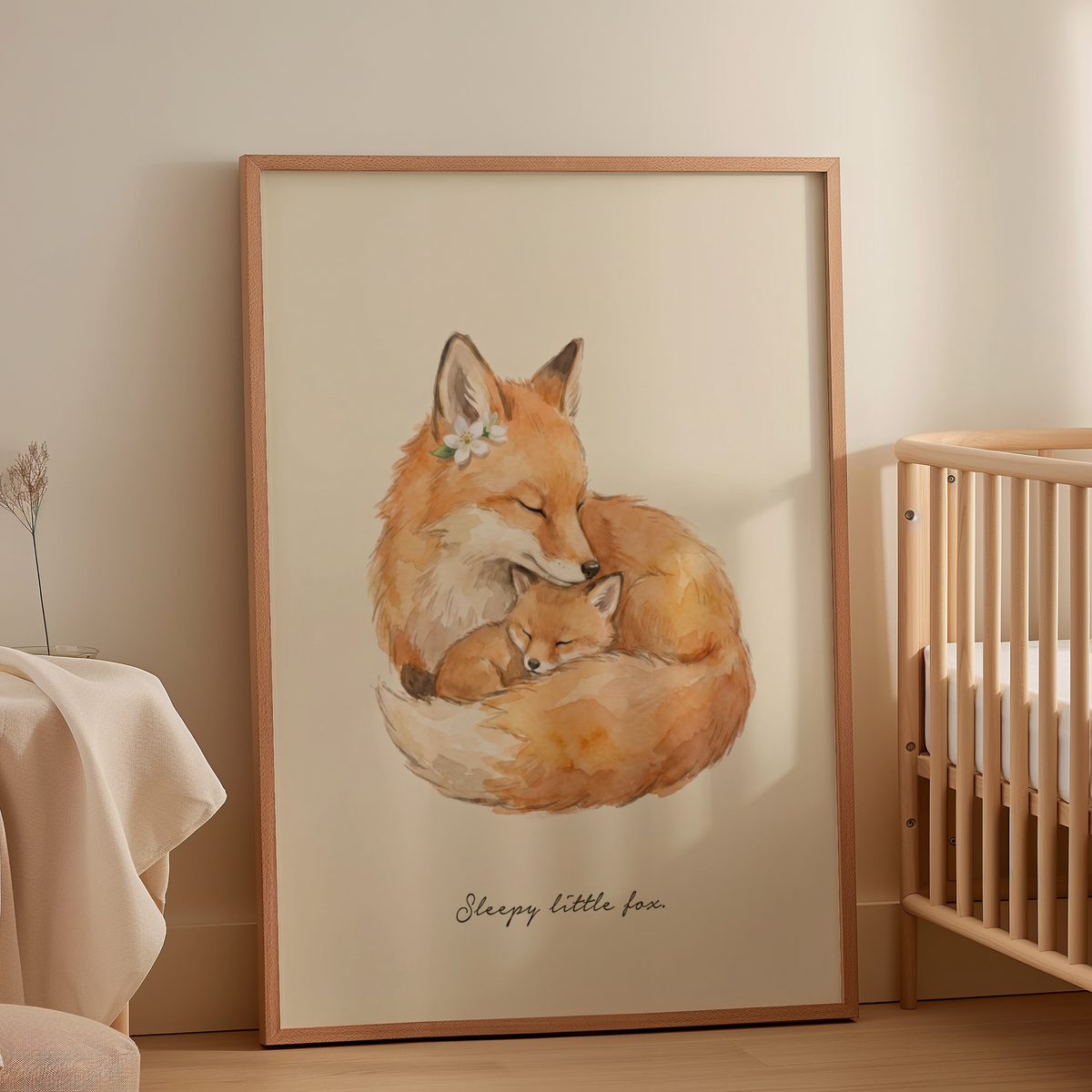 Handwritten quote 'Sleepy little fox.' under watercolor fox illustration poster