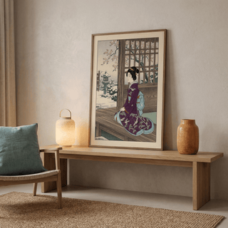 Quiet Japanese veranda scene poster with geisha, grid window, and garden lantern