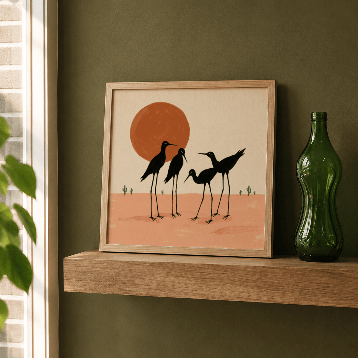 Long-legged bird artwork in neutral palette with bold negative space