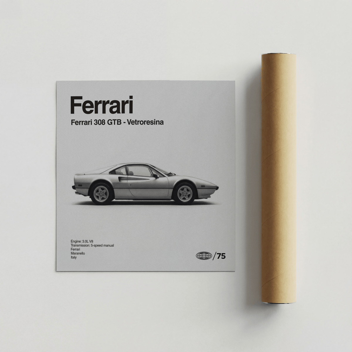 Ferrari 308 GTB Print poster in gray and black for home decor