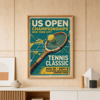 Vintage sports poster featuring block typography and Yellow accents on a tennis graphic