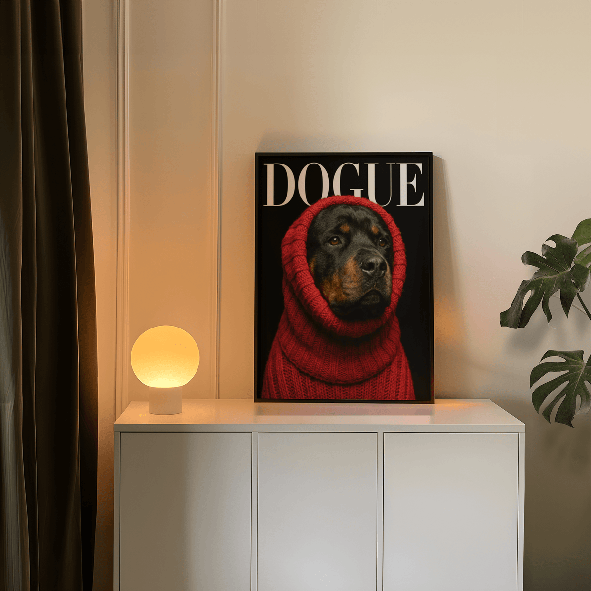 Rottweiler Art print with White accents, Red sweater for entryway